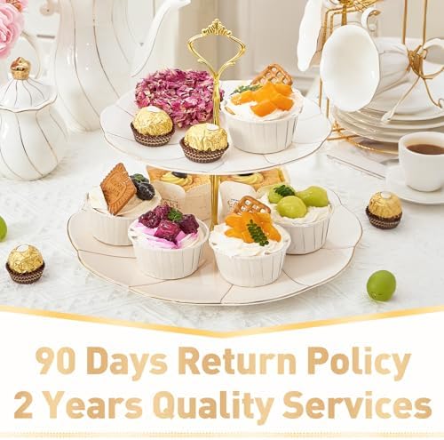 Luxury Larger 2-Tier Cupcake Stand Tower, British Style Porcelain Serving Tray with Golden Trim, Food Grade, alternate view 6