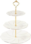Luxury Larger 3-Tier Cupcake Stand Tower, British Style Porcelain Serving Tray with Golden Trim, Food Grade