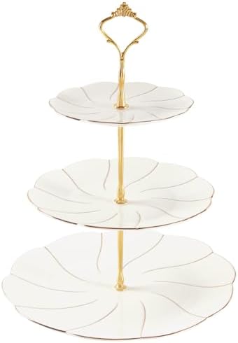 Luxury Larger 3-Tier Cupcake Stand Tower, British Style Porcelain Serving Tray with Golden Trim, Food Grade