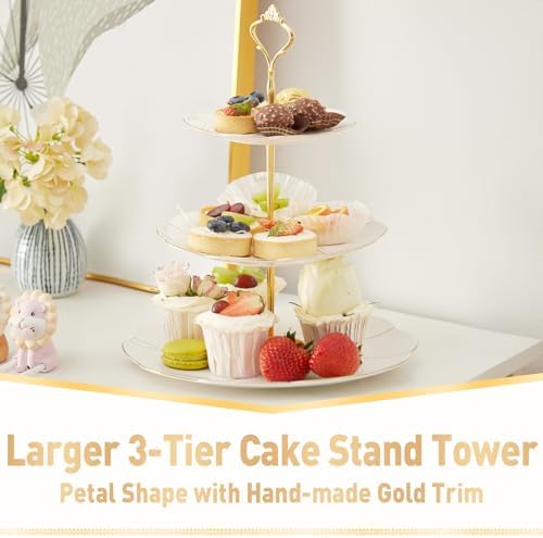 Luxury Larger 3-Tier Cupcake Stand Tower, British Style Porcelain Serving Tray with Golden Trim, Food Grade, alternate view 3