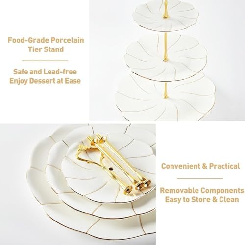 Luxury Larger 3-Tier Cupcake Stand Tower, British Style Porcelain Serving Tray with Golden Trim, Food Grade, alternate view 5