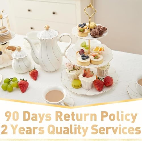 Luxury Larger 3-Tier Cupcake Stand Tower, British Style Porcelain Serving Tray with Golden Trim, Food Grade, alternate view 6