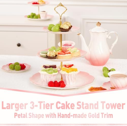 Luxury Larger 3-Tier Cupcake Stand Tower, British Style Porcelain Serving Tray with Golden Trim, Food Grade, alternate view 2