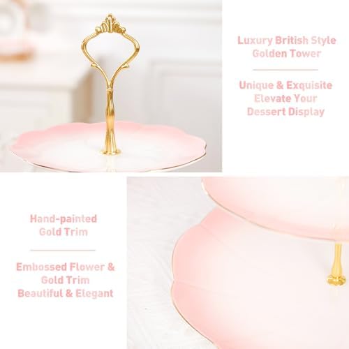 Luxury Larger 3-Tier Cupcake Stand Tower, British Style Porcelain Serving Tray with Golden Trim, Food Grade, alternate view 3