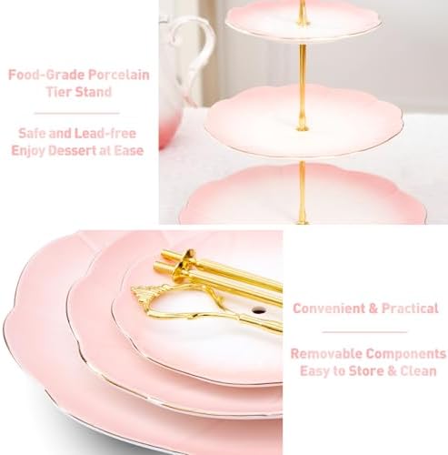 Luxury Larger 3-Tier Cupcake Stand Tower, British Style Porcelain Serving Tray with Golden Trim, Food Grade, alternate view 4