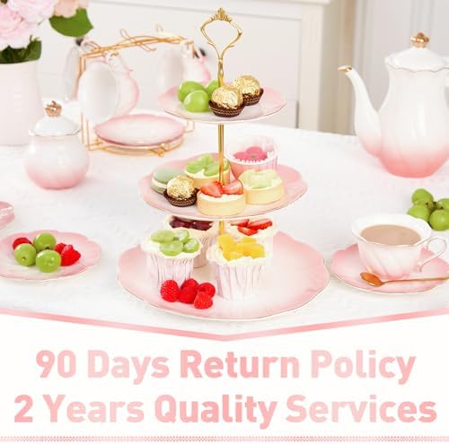 Luxury Larger 3-Tier Cupcake Stand Tower, British Style Porcelain Serving Tray with Golden Trim, Food Grade, alternate view 6