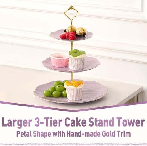 Luxury Larger 3-Tier Cupcake Stand Tower, British Style Porcelain Serving Tray with Golden Trim, Food Grade, alternate view 2