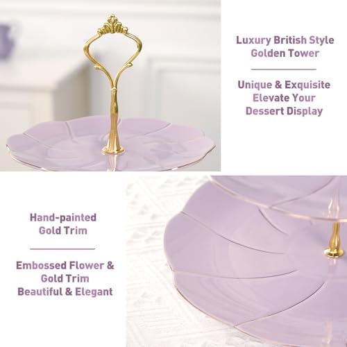 Luxury Larger 3-Tier Cupcake Stand Tower, British Style Porcelain Serving Tray with Golden Trim, Food Grade, alternate view 3