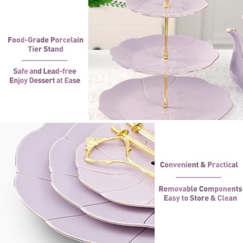 Luxury Larger 3-Tier Cupcake Stand Tower, British Style Porcelain Serving Tray with Golden Trim, Food Grade, alternate view 4