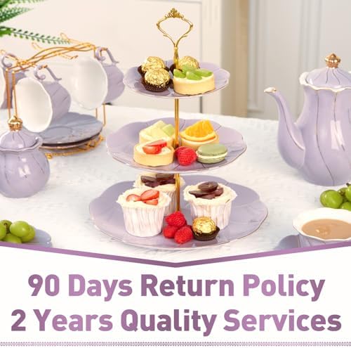 Luxury Larger 3-Tier Cupcake Stand Tower, British Style Porcelain Serving Tray with Golden Trim, Food Grade, alternate view 6
