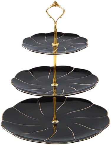 Luxury Larger 3-Tier Cupcake Stand Tower, British Style Porcelain Serving Tray with Golden Trim, Food Grade