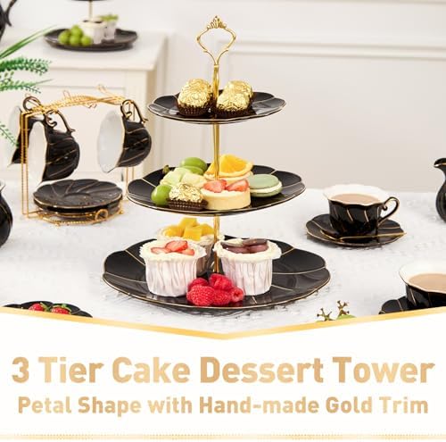 Luxury Larger 3-Tier Cupcake Stand Tower, British Style Porcelain Serving Tray with Golden Trim, Food Grade, alternate view 2