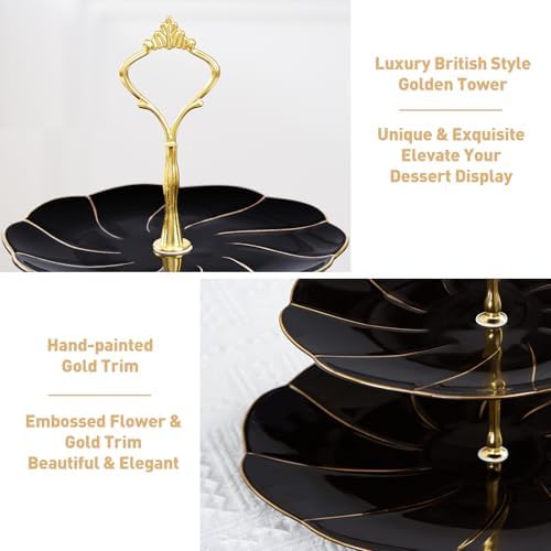 Luxury Larger 3-Tier Cupcake Stand Tower, British Style Porcelain Serving Tray with Golden Trim, Food Grade, alternate view 3