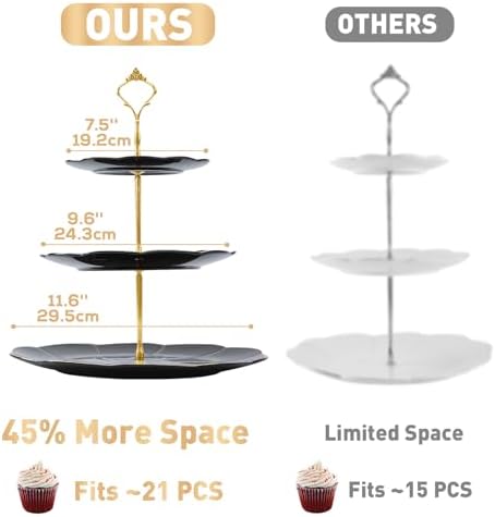 Luxury Larger 3-Tier Cupcake Stand Tower, British Style Porcelain Serving Tray with Golden Trim, Food Grade, alternate view 5