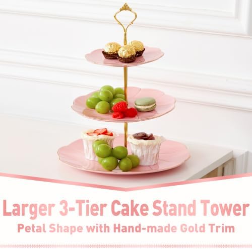 Luxury Larger 3-Tier Cupcake Stand Tower, British Style Porcelain Serving Tray with Golden Trim, Food Grade, alternate view 2