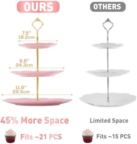 Luxury Larger 3-Tier Cupcake Stand Tower, British Style Porcelain Serving Tray with Golden Trim, Food Grade, alternate view 3