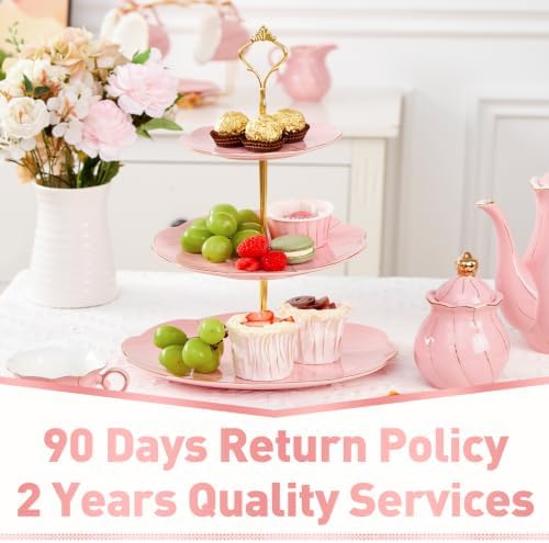 Luxury Larger 3-Tier Cupcake Stand Tower, British Style Porcelain Serving Tray with Golden Trim, Food Grade, alternate view 6