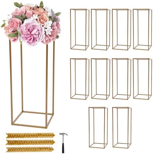 LYNICESHOP Gold Metal Flower Stand Set, 10-Piece Rectangular Rack, Elegant Wedding & Event Table Centerpieces