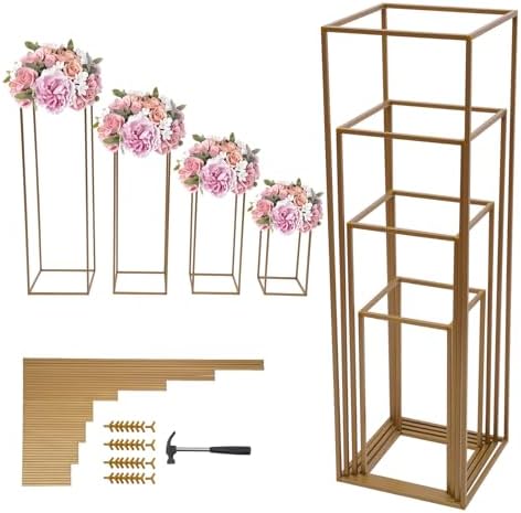 LYNICESHOP Gold Metal Flower Stand Set, 4-Piece Rectangular Rack, Elegant Wedding & Event Table Centerpieces