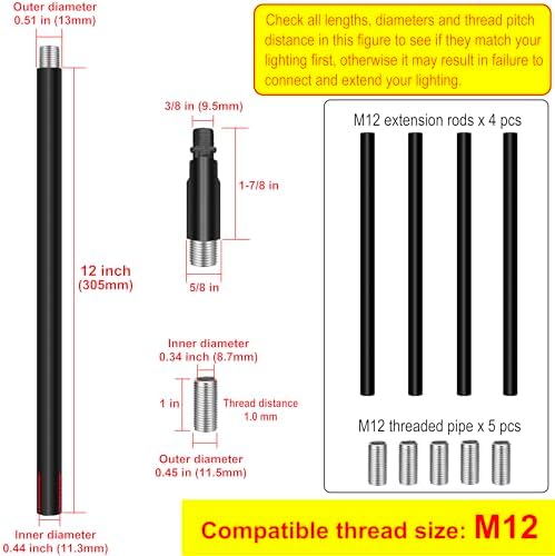 M12 Threaded Extension Poles, 4 Pieces 12-inch Lighting Fixture Downrods Stems for Pendant Light, Island, alternate view 2