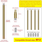 M12 Threaded Extension Poles, 4 Pieces 12-inch Lighting Fixture Downrods Stems for Pendant Light, Island, alternate view 2