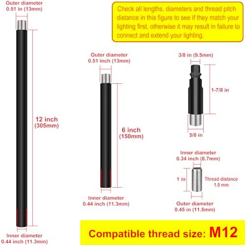 M12 Threaded Extension Poles Lighting Fixture Downrods Stems for Pendant Light, Island Lighting, Chandeliers, alternate view