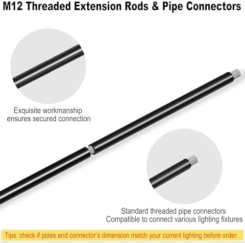 M12 Threaded Extension Poles Lighting Fixture Downrods Stems for Pendant Light, Island Lighting, Chandeliers, alternate view