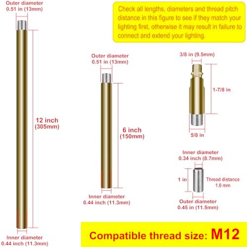 M12 Threaded Extension Poles Lighting Fixture Downrods Stems for Pendant Light, Island Lighting, Chandeliers, alternate view