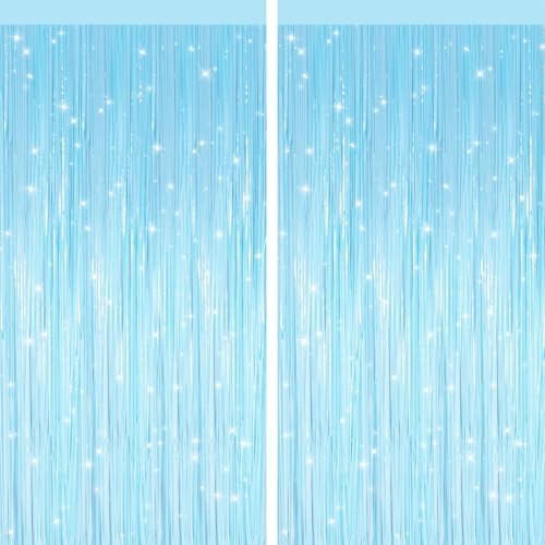 Macaron Light Blue Fringe Curtains 2 Pack, Tinsel Backdrop for Parties