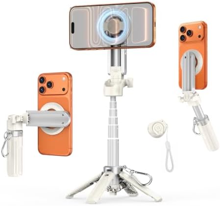 Magnetic Selfie Stick Tripod for iPhone Android, MagSafe, White in White