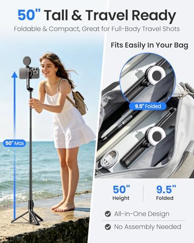 Magnetic Selfie Stick Tripod with Dimmable Light and Rechargeable Remote, Portable Travel Phone Tripod Stand for, alternate