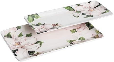 Magnolia Floral Ceramic 14 inch Rectangular Serving Platter, Set of 2, for Serving Salad, Pasta, Cheese, Ham