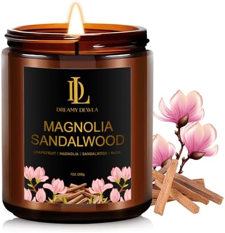 Magnolia & Sandalwood Scented Candles, Soy Candle for Home Scented, Amber Jar Candles Gifts for Men Women, 7oz