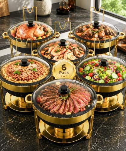 Maifanite-Coated Chafing Dishes for Buffet 6QT, Black& Gold, 6 Pack