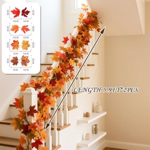 Maple Leaf Garland, 2 Pack Artificial Fall Garland 5.9Ft/Pieces Fall Decor Autumn Thanksgiving Decoration for, alternate view