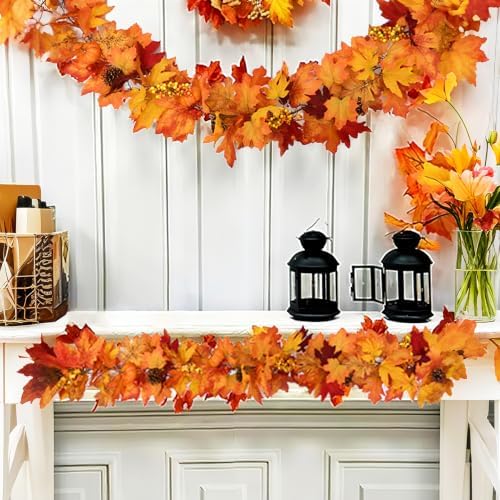 Maple Leaf Garland, 2 Pack Artificial Fall Garland 5.9Ft/Pieces Fall Decor Autumn Thanksgiving Decoration for, alternate view
