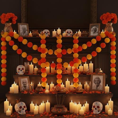 Marigold Garland for Decoration 5 Packs × 5ft Artificial Marigold Garlands Vibrant Orange Yellow Faux Flowers, alternate view