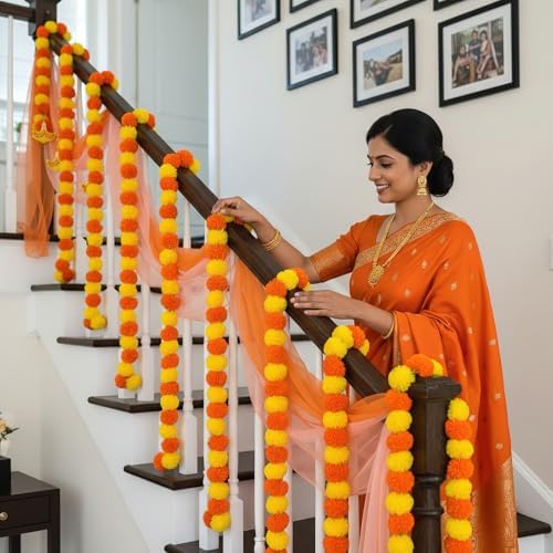 Marigold Garland for Decoration 5 Packs × 5ft Artificial Marigold Garlands Vibrant Orange Yellow Faux Flowers, alternate view