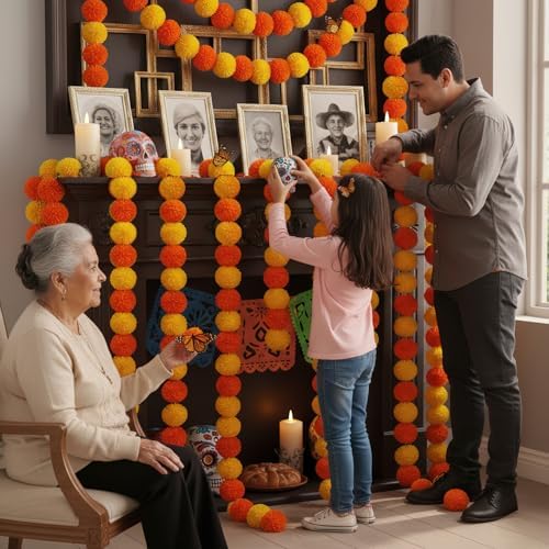 Marigold Garland for Decoration 5 Packs × 5ft Artificial Marigold Garlands Vibrant Orange Yellow Faux Flowers, alternate view