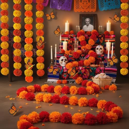 Marigold Garland for Decoration 5 Packs × 5ft Artificial Marigold Garlands Vibrant Orange Yellow Faux Flowers, alternate view