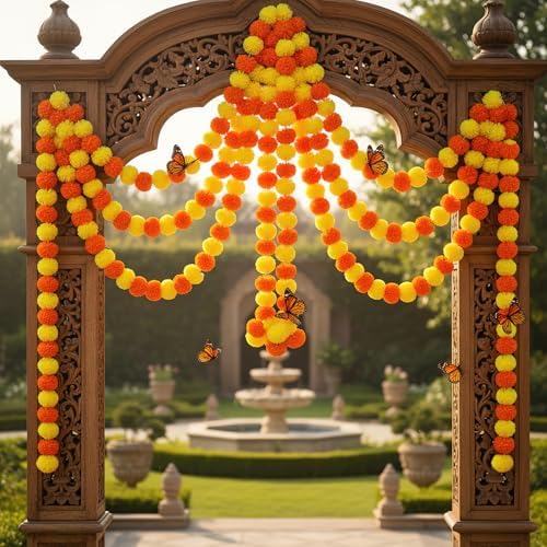 Marigold Garland for Decoration 5 Packs × 5ft Artificial Marigold Garlands Vibrant Orange Yellow Faux Flowers, alternate view