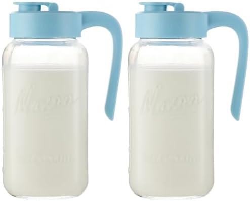 Mason Jar Pitcher, 2 pcs 64 oz (2 quart), Glass Pitcher with Lid in Sky