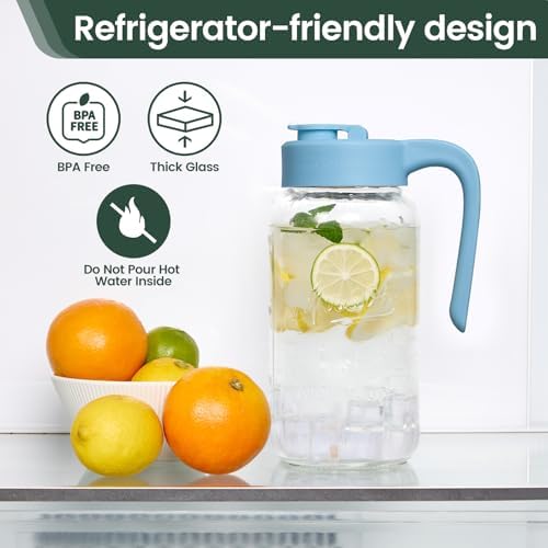 Mason Jar Pitcher, 2 pcs 64 oz (2 quart), Glass Pitcher with Lid in Sky, alternate view 5