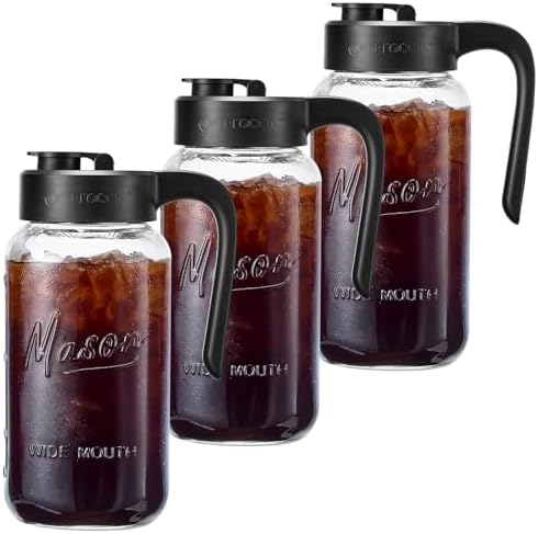 Mason Jar Pitcher, 3 pcs 64 oz (2 quart), Glass Pitcher with Lid in Black