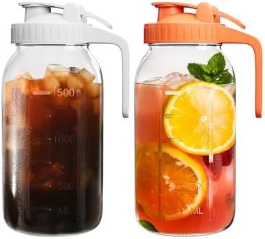 Mason Jar Pitcher Set of 2, 64oz (2quart) Glass Pitcher with Lid for Tea in White & Orange