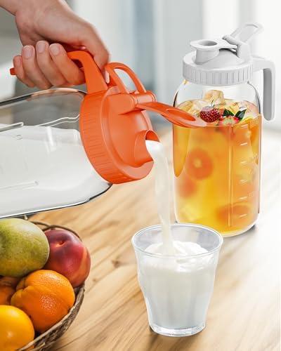 Mason Jar Pitcher Set of 2, 64oz (2quart) Glass Pitcher with Lid for Tea in White & Orange, alternate view 6