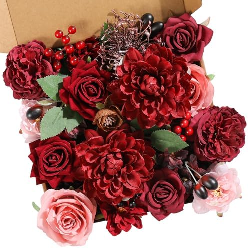 Mature Burgundy Artificial Flowers Combo Box Set for Wedding Bouquets Home in Mature Burgundy
