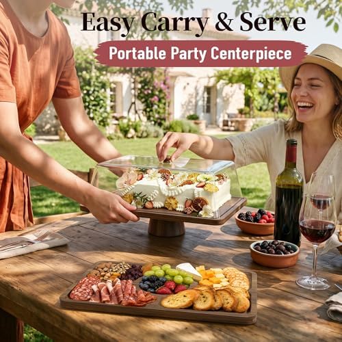 Medium 14" Acacia Wood Cake Stand with Square Lid, 2-in-1 Rectangular Dessert Table Display Set & Charcuterie, alternate view