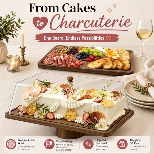 Medium 14" Acacia Wood Cake Stand with Square Lid, 2-in-1 Rectangular Dessert Table Display Set & Charcuterie, alternate view
