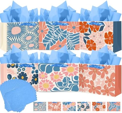 Medium Paper Gift Bags with Tissue Paper Handles 6PCS Winter Floral Gift Bags for Women Mom Grandma Party Supply